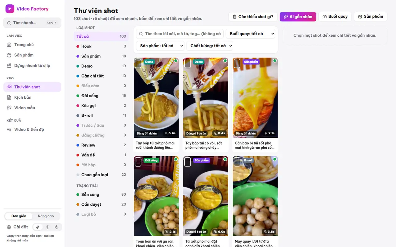 Thư viện 103 shot, lưới video dọc, đếm theo 13 loại shot