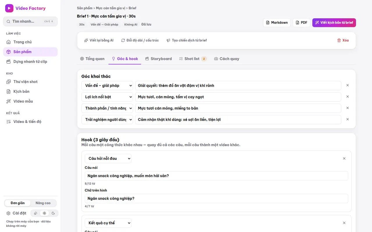 Brief tab Góc và hook: 4 góc bán, hook có đếm từ