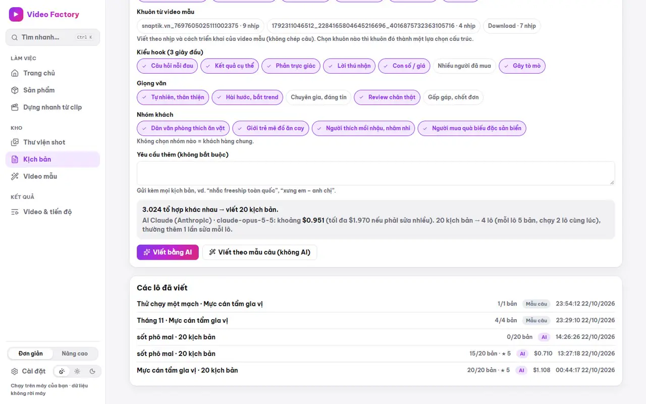Ước tính chi phí 20 kịch bản trước khi viết