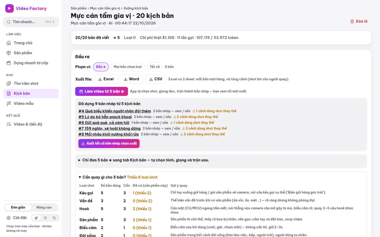 Lô 20 kịch bản với chi phí thật, nút xuất file, bản nháp đã dựng