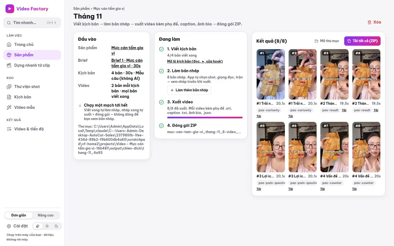 Màn chiến dịch Tháng 11: đầu vào, 4 bước đã xong, 8 video kết quả và nút tải ZIP