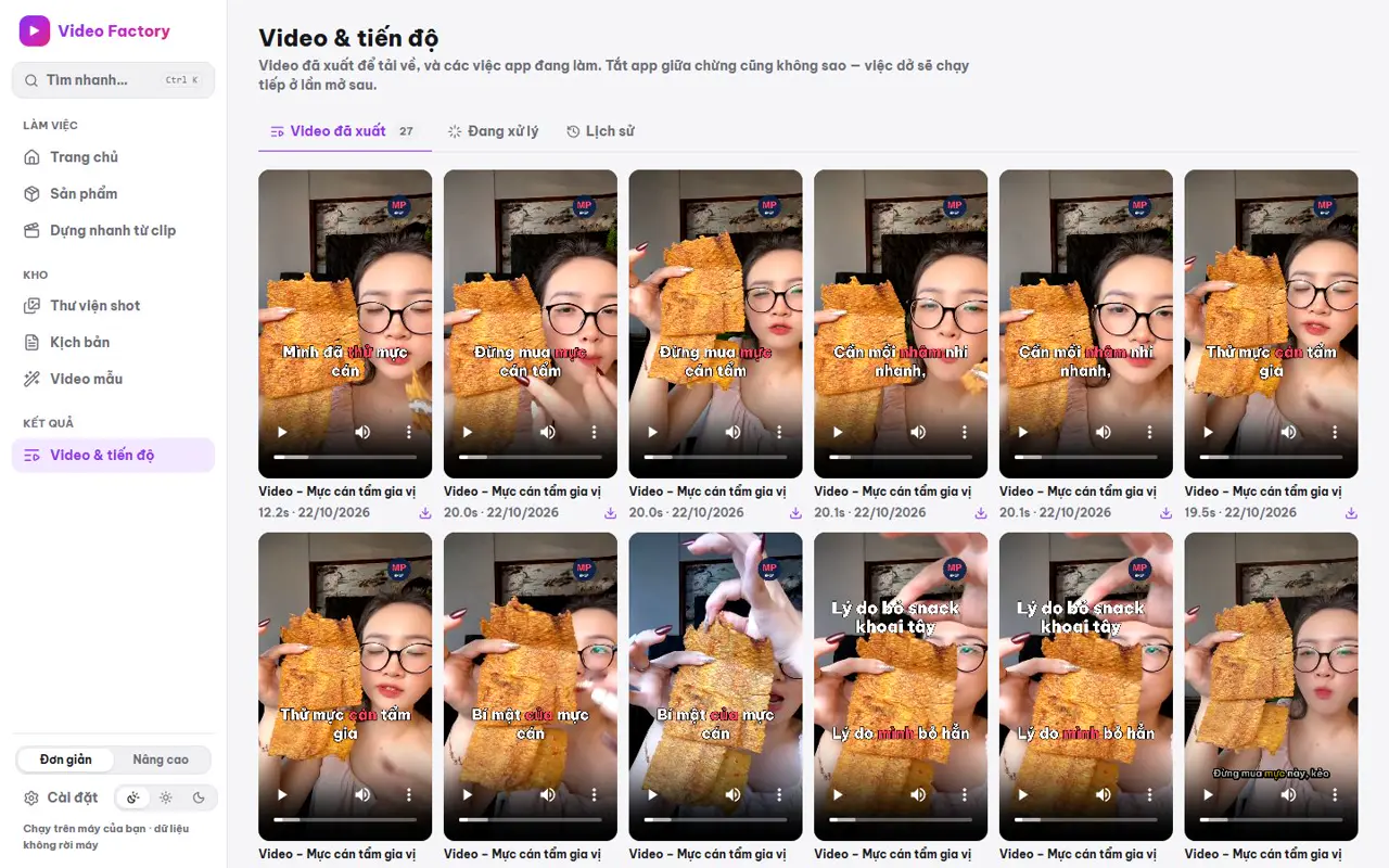 Video và tiến độ: video đã xuất, đang xử lý, lịch sử